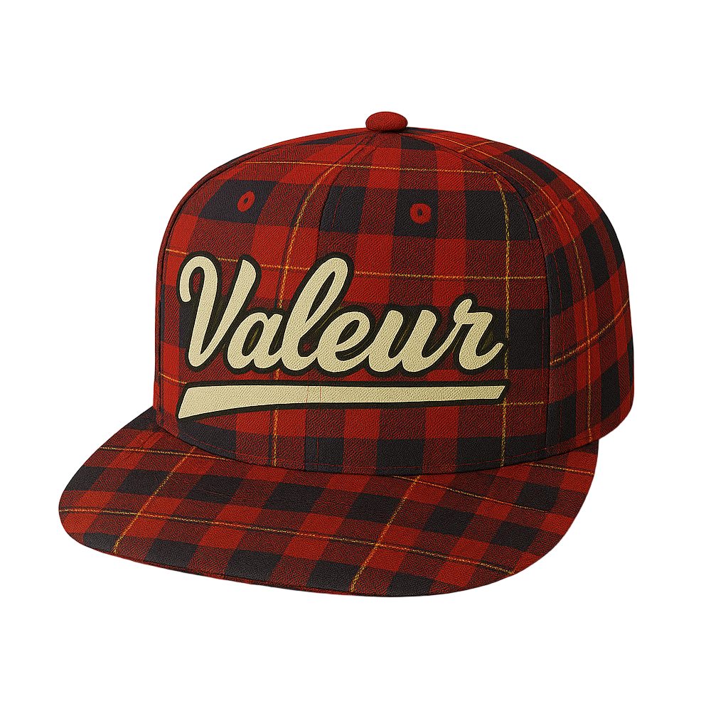 Valeur “Plaid” Snapback Hat in red and black checkered plaid with embroidered logo – Fall ’25 Capsule.