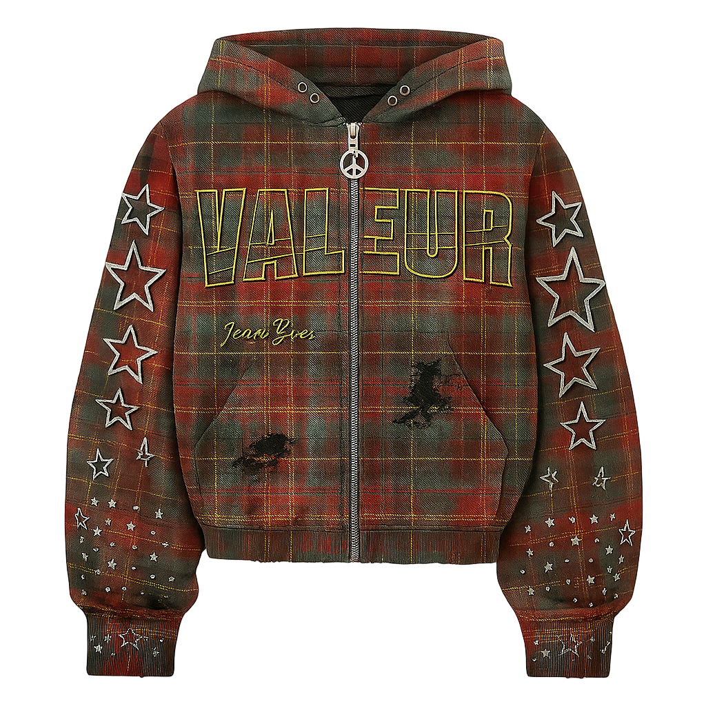 Valeur “Plaid Star” Hoodie in red plaid with embroidered stars and logo – Fall ’25 Capsule.