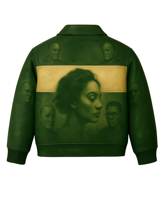 Valeur “Bill Figures” Leather Jacket in green with full-width airbrushed portraits – Fall ’25 Capsule.