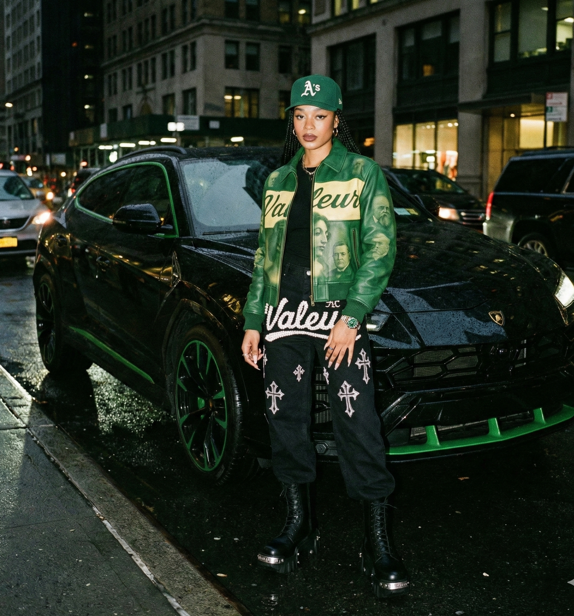 Female model wearing Valeur “Bill Figures” Leather Jacket in green with portraits from the Fall ’25 Capsule Collection.