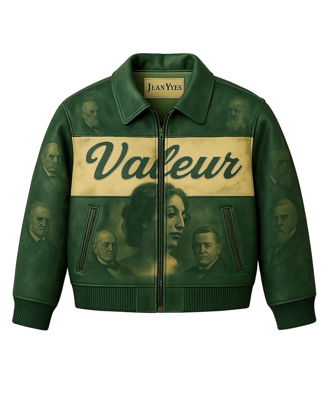 Valeur “Bill Figures” Leather Jacket in green with portraits and bold Valeur branding – Fall ’25 Capsule.