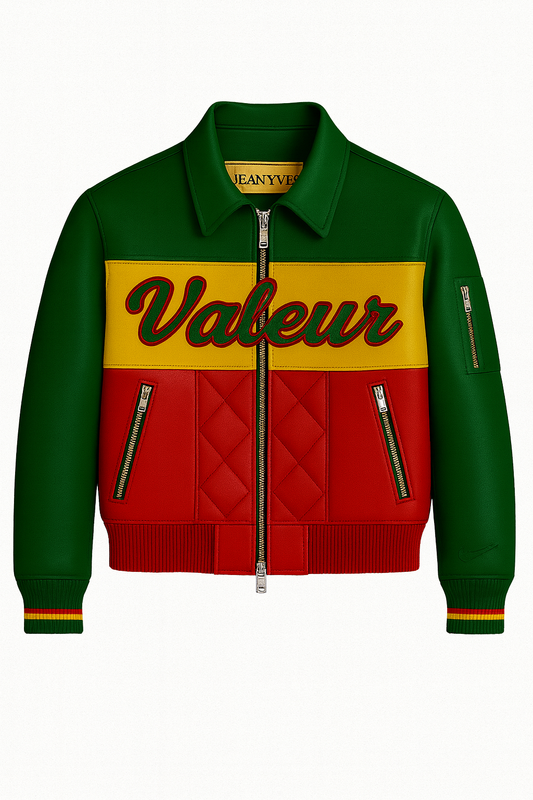 Valeur Jean Yves Heritage Jacket in green, yellow, and red premium lambskin leather from Fall ’25 Capsule.