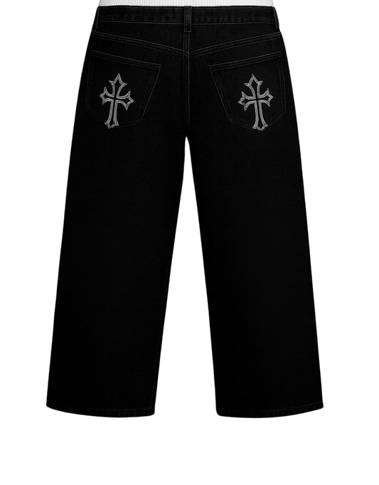 Valeur “Pearl Script” Denim Pants with embroidered crosses on back pockets – Fall ’25 Capsule.