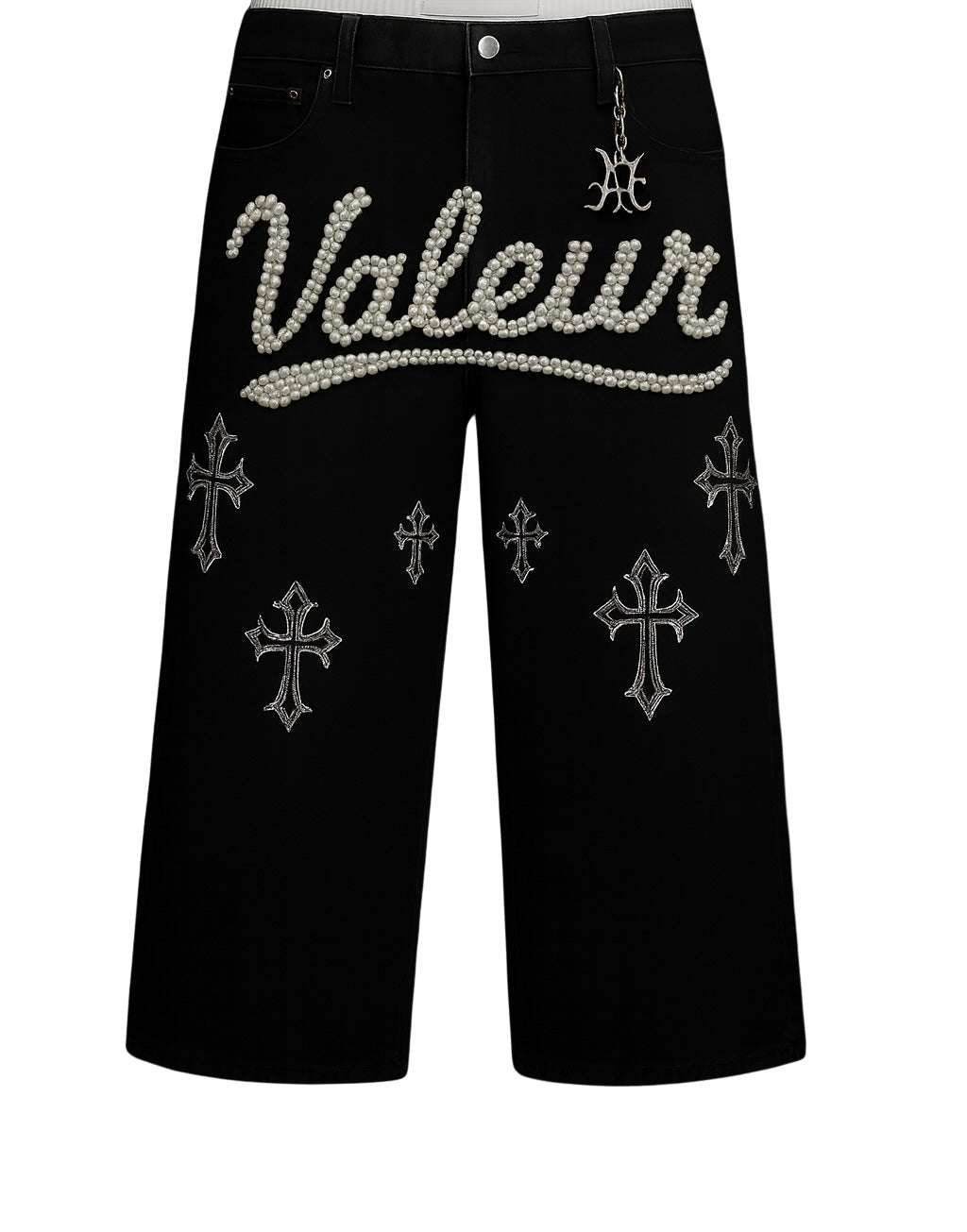 Valeur “Pearl Script” Denim Pants with pearl embroidery and gothic cross embellishments – Fall ’25 Capsule.