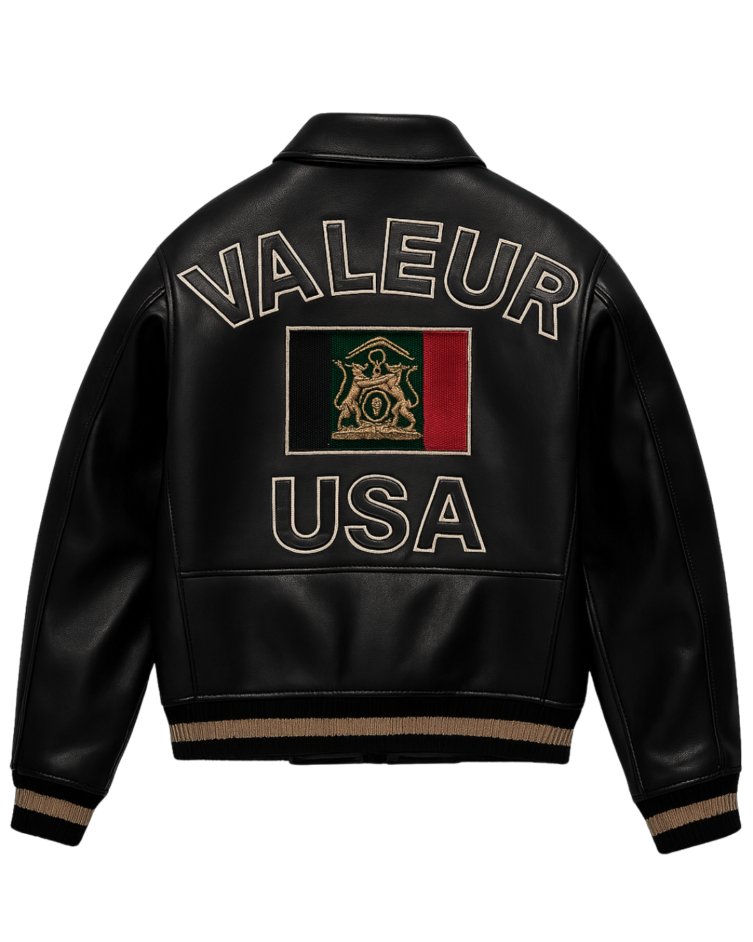Valeur USA Heritage Leather Jacket with embroidered USA crest and Valeur logo on back – Fall ’25 Capsule.