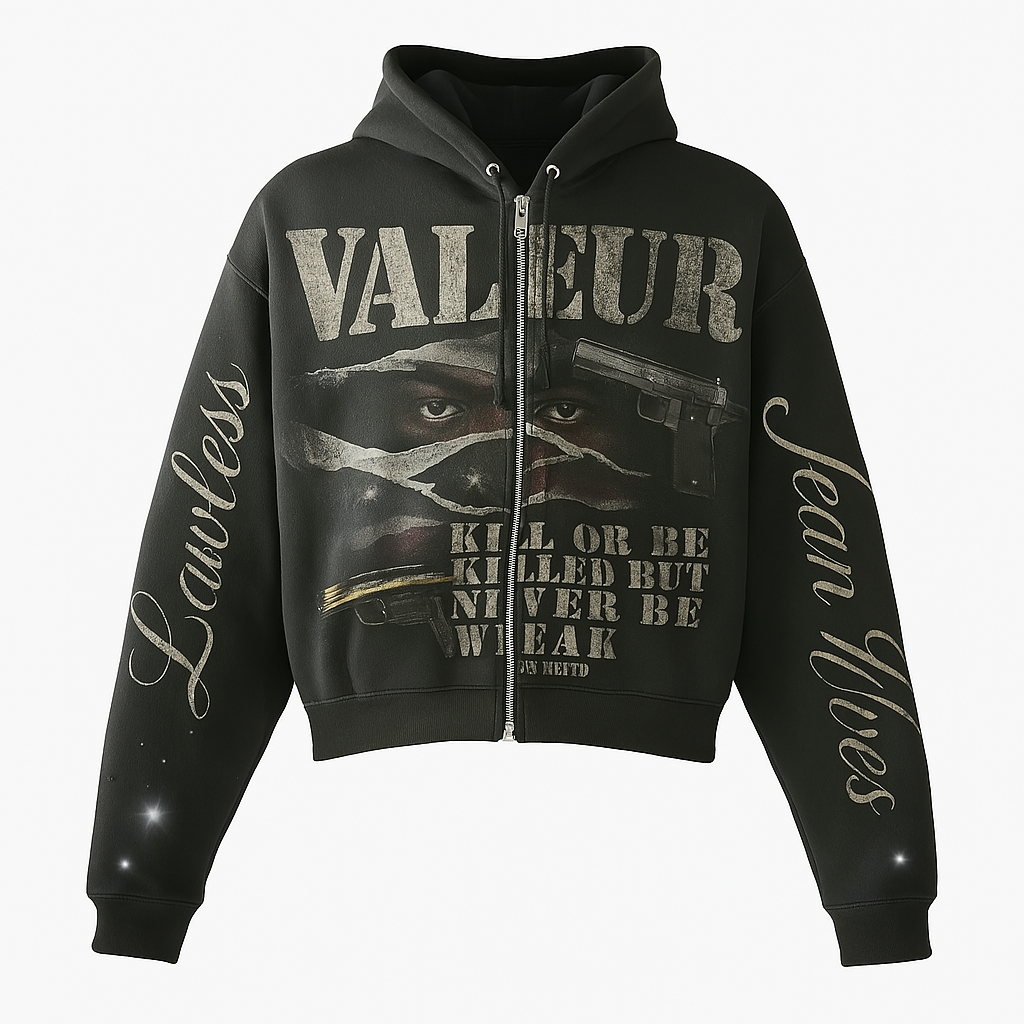 Valeur “Lawless” Hoodie in black with bold front graphic and sleeve embroidery – Fall ’25 Capsule.