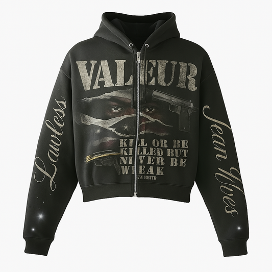 Valeur “Lawless” Hoodie in black with bold front graphic and sleeve embroidery – Fall ’25 Capsule.
