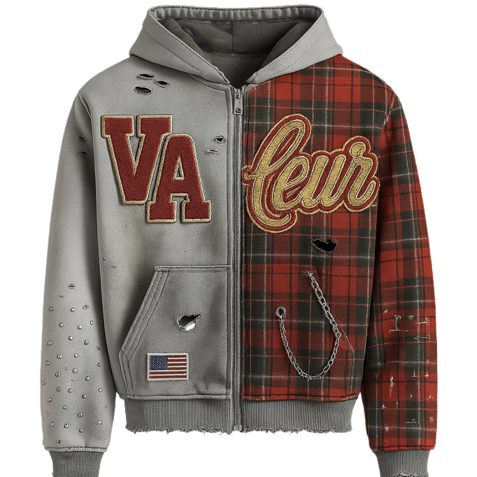 Valeur “Patchwork Varsity” Hoodie in grey and red plaid patchwork with distressed details – Fall ’25 Capsule.