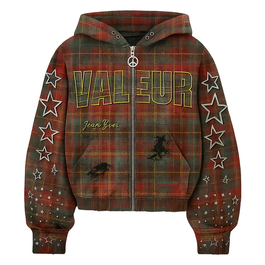Valeur “Plaid Star” Hoodie in red plaid with embroidered stars and logo – Fall ’25 Capsule.